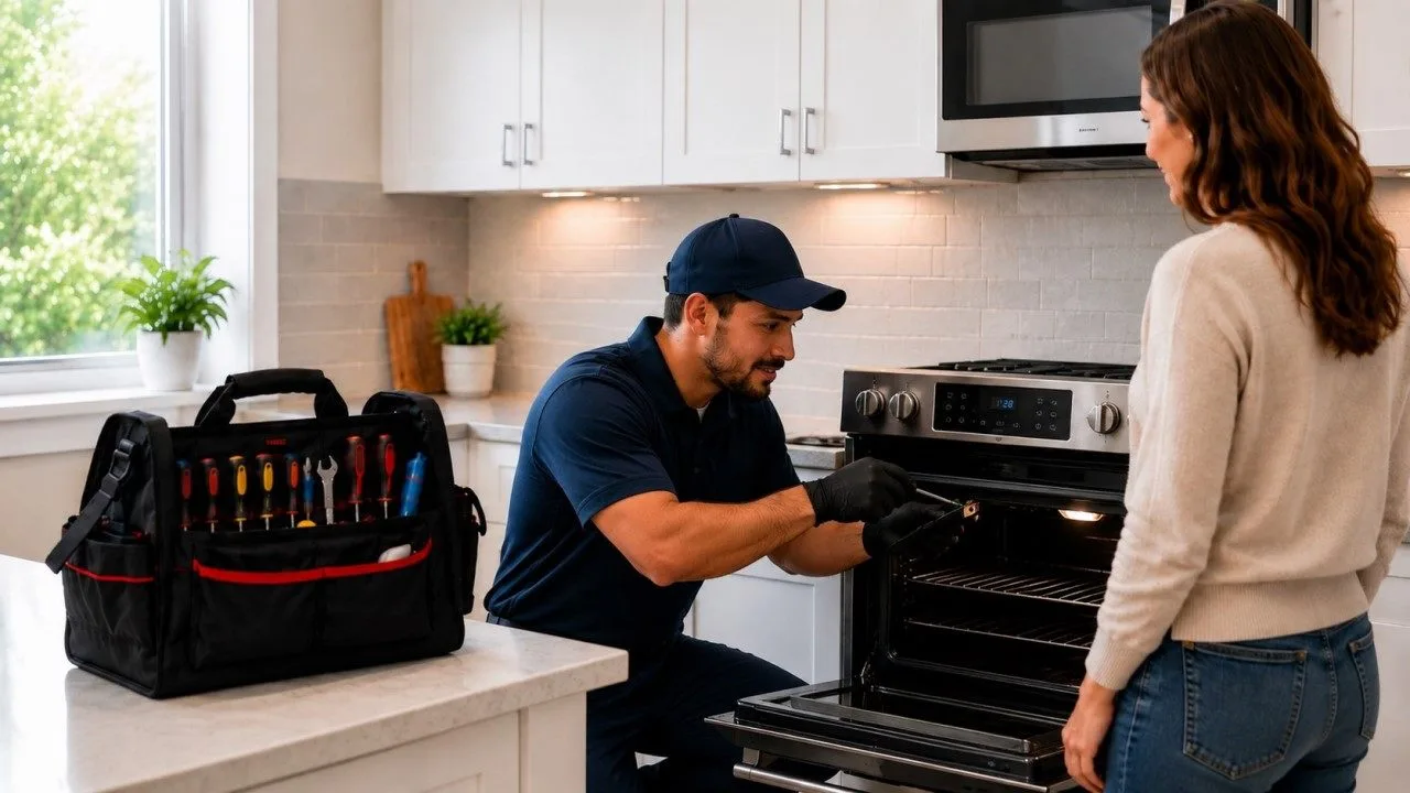 how-it-works-bg sparkle appliance technician fixing appliance with housewife in modern kitchen background